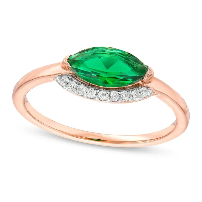 Sideways Marquise LabCreated Emerald and White Sapphire Curved Halo Ring in Sterling Silver with Solid 14K Rose Gold Plate Goldia Rings Sideways Marquise LabCreated Emerald and White Sapphire Curved Halo Ring in Sterling Silver with Solid 14K Rose Gold Plate Goldia Rings