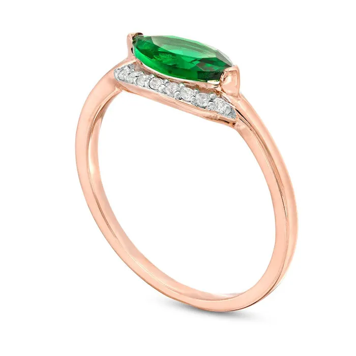 Sideways Marquise LabCreated Emerald and White Sapphire Curved Halo Ring in Sterling Silver with Solid 14K Rose Gold Plate Goldia Rings Sideways Marquise LabCreated Emerald and White Sapphire Curved Halo Ring in Sterling Silver with Solid 14K Rose Gold Plate Goldia Rings