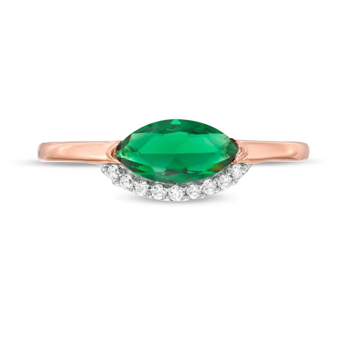 Sideways Marquise LabCreated Emerald and White Sapphire Curved Halo Ring in Sterling Silver with Solid 14K Rose Gold Plate Goldia Rings Sideways Marquise LabCreated Emerald and White Sapphire Curved Halo Ring in Sterling Silver with Solid 14K Rose Gold Plate Goldia Rings