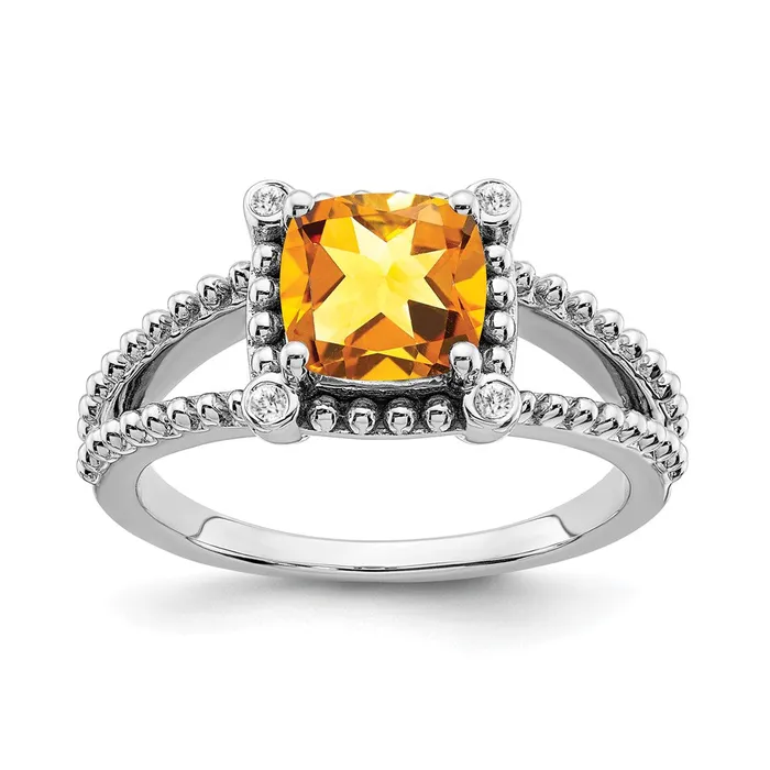 Solid 14k White Gold Cushion Simulated Citrine and CZ Ring Goldia Rings