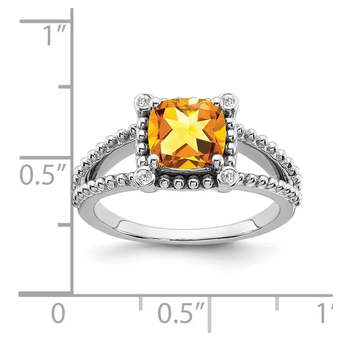 Solid 14k White Gold Cushion Simulated Citrine and CZ Ring Goldia Rings
