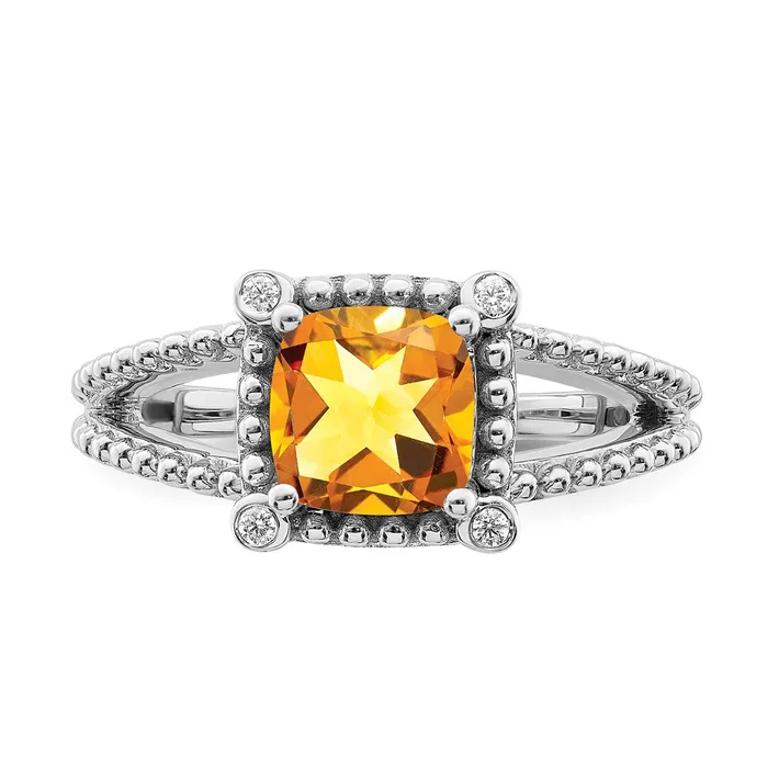 Solid 14k White Gold Cushion Simulated Citrine and CZ Ring Goldia Rings