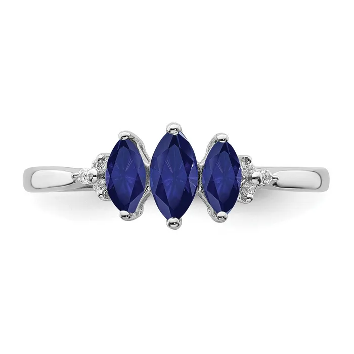 Solid 14k White Gold Marquise Created Simulated Sapphire and CZ 3stone Ring Goldia Rings