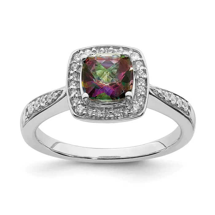 Solid 14k White Gold Mystic Fire Simulated CZ Halo Engagement Ring Goldia Rings
