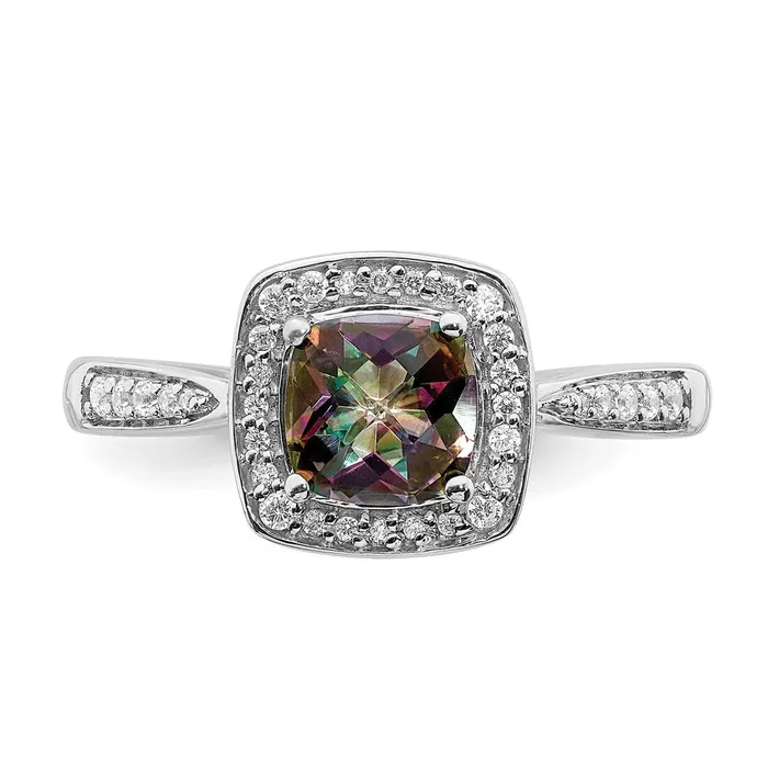 Solid 14k White Gold Mystic Fire Simulated CZ Halo Engagement Ring Goldia Rings