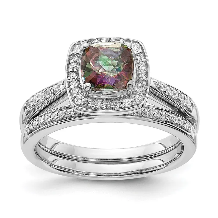 Solid 14k White Gold Mystic Fire Simulated CZ Halo Engagement Ring Goldia Rings