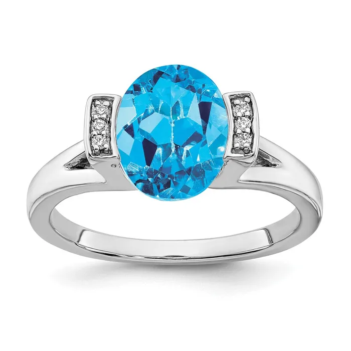 Solid 14k White Gold Oval Simulated Blue Topaz and CZ Ring Goldia Rings