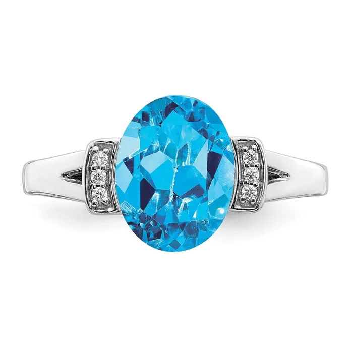 Solid 14k White Gold Oval Simulated Blue Topaz and CZ Ring Goldia Rings