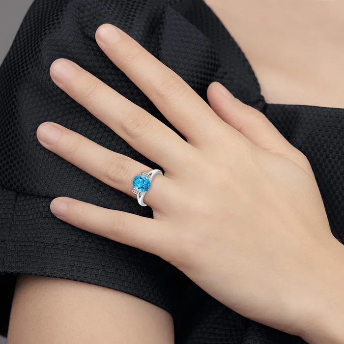 Solid 14k White Gold Oval Simulated Blue Topaz and CZ Ring Goldia Rings