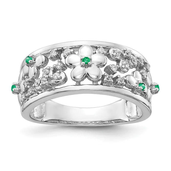 Solid 14k White Gold Simulated CZ and Emerald Flower Ring Goldia Rings