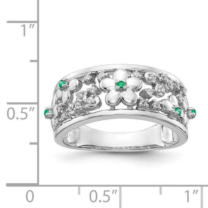 Solid 14k White Gold Simulated CZ and Emerald Flower Ring Goldia Rings