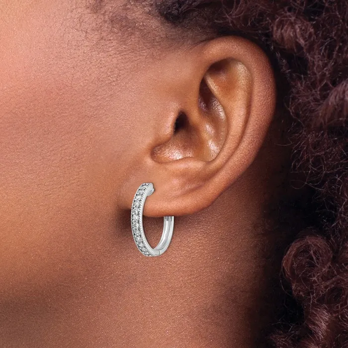 Solid 14k White Gold Simulated CZ Milgrain Hoop Earrings Goldia Earrings