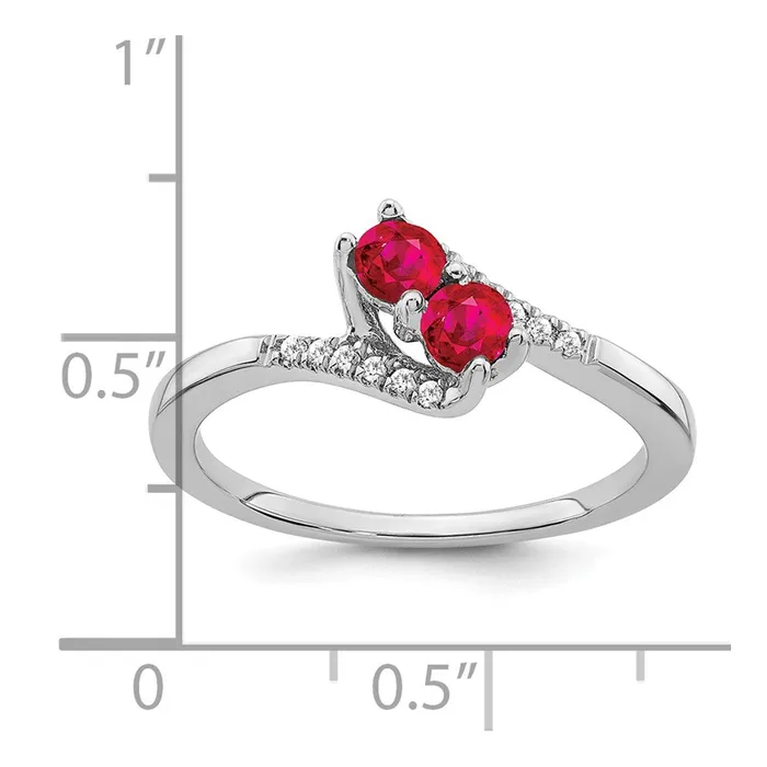 Solid 14k White Gold Simulated Ruby and CZ 2stone Bypass Ring Goldia Rings