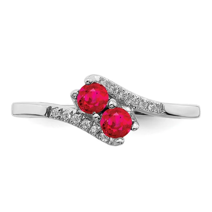 Solid 14k White Gold Simulated Ruby and CZ 2stone Bypass Ring Goldia Rings