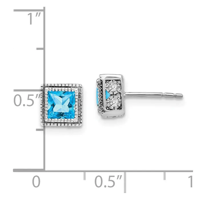 Solid 14k White Gold Square Simulated Blue Topaz and CZ Earrings Goldia Earrings