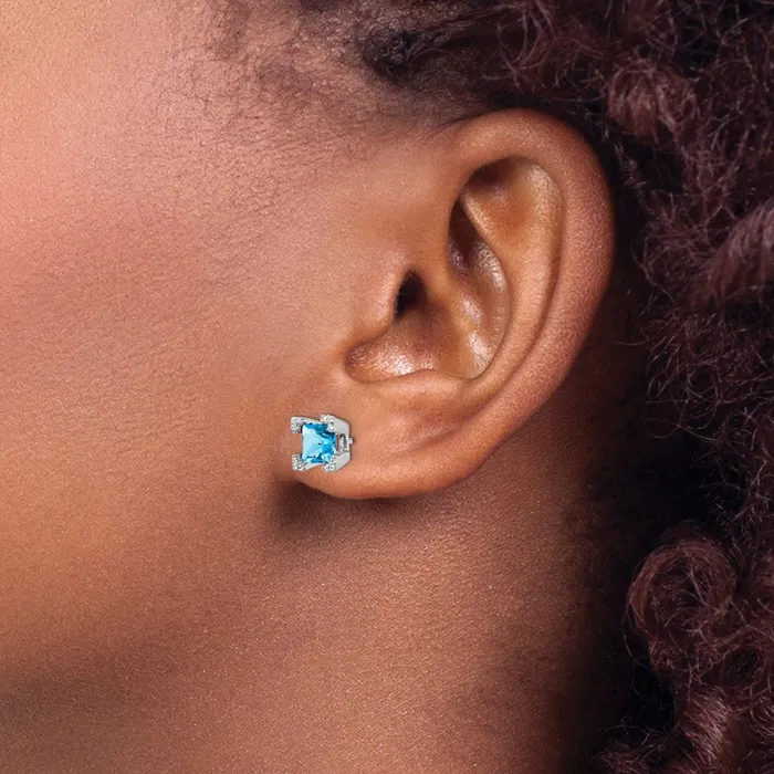 Solid 14k White Gold Square Simulated Blue Topaz and CZ Earrings Goldia Earrings