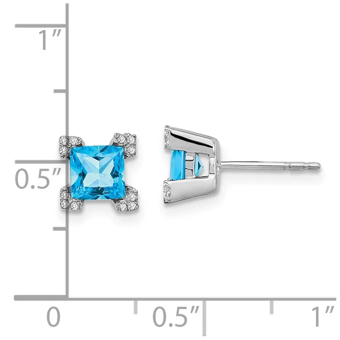 Solid 14k White Gold Square Simulated Blue Topaz and CZ Earrings Goldia Earrings